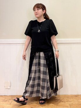 「DRESKIP（ドレスキップ）の【S-LL/ひんやり/UV】お袖シアー バルーントップス（Tシャツ/カットソー、ブラック系）」を使った、ハチさん（レディース・156cm）の春コーディネート