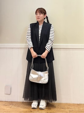 「SHOO・LA・RUE（シューラルー）の【S-LL/洗濯機可】着こなしいろいろ 首元すっきりボートネック ボーダーロンT（Tシャツ/カットソー、ブルー系）」を使った、ハチさん（レディース・156cm）の冬コーディネート
