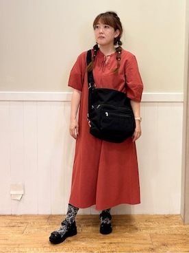 「SHOO・LA・RUE（シューラルー）の一枚で着映え お袖ランタンワンピース（ワンピース、レッド系）」を使った、ハチさん（レディース・156cm）の夏コーディネート