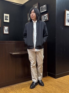 「TAKEO KIKUCHI（タケオキクチ）のリネンライクカルゼ リブブルゾン（ブルゾン、ブラック系）」を使った、moritaさん（メンズ・168cm）の春コーディネート