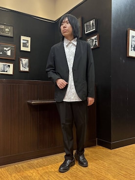 「TAKEO KIKUCHI（タケオキクチ）の【ON／OFF兼用】CARREMANファブリック ノーカラージャケット（ノーカラージャケット、ブラック系）」を使った、moritaさん（メンズ・168cm）の春コーディネート