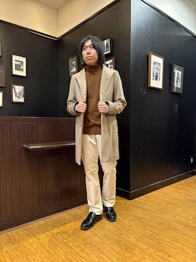 「TAKEO KIKUCHI（タケオキクチ）のアンチピリング タートルネック ニット（ニット/セーター、ブラウン系）」を使った、moritaさん（メンズ・168cm）の冬コーディネート