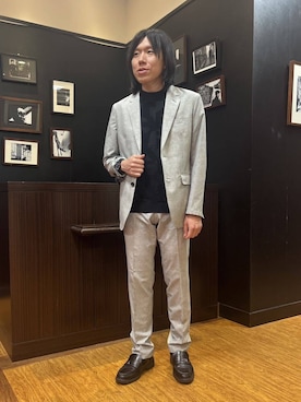 「TAKEO KIKUCHI（タケオキクチ）の【抗菌防臭】COOL DOTS（R）ドビープリント ジャケット（テーラードジャケット、グレー系）」を使った、moritaさん（メンズ・168cm）の春コーディネート