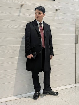 「アイテム（チェスターコート、ブルー系）」を使った、かずさん（メンズ・165cm）の冬コーディネート