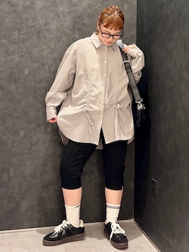 「LEPSIM（レプシィム）のフロントシャーリング長袖シャツ　1023550（シャツ/ブラウス、ブラウン系）」を使った、ありぴさん（レディース・155cm）の夏コーディネート