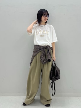 「FRAMeWORK（フレームワーク）のシアーチェックドロストシャツ（シャツ/ブラウス、ブラウン系）」を使った、shiinaさん（レディース・163cm）の夏コーディネート