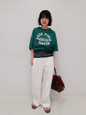 「FRAMeWORK（フレームワーク）の≪洗濯機洗い可≫コットンナイロンタックパンツ（その他パンツ、ホワイト系）」を使った、shiinaさん（レディース・163cm）の春コーディネート