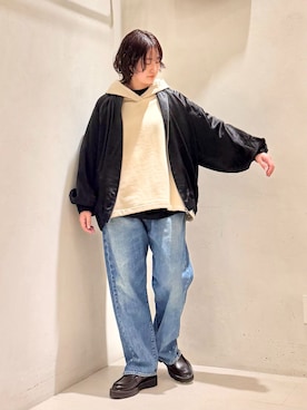 「JOURNAL STANDARD LUXE（ジャーナルスタンダード　ラックス）のアセテートヴィンテージMA1ブルゾン（その他アウター、ブラック系）」を使った、ATさん（レディース・155cm）の冬コーディネート