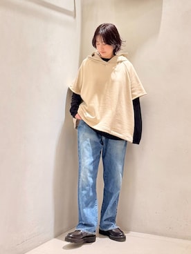 「JOURNAL STANDARD LUXE（ジャーナルスタンダード　ラックス）のスパイラルジャージプルオーバー（Tシャツ/カットソー、ブラック系）」を使った、ATさん（レディース・155cm）の冬コーディネート