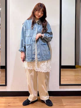 「HONEYSUCKLE ROSE（ハニーサックルローズ）の《店舗人気アイテム/ゆったりシルエット/体型カバー》デニムカバーオール（シャツ/ブラウス、ブルー系）」を使った、yukinoさんの秋コーディネート