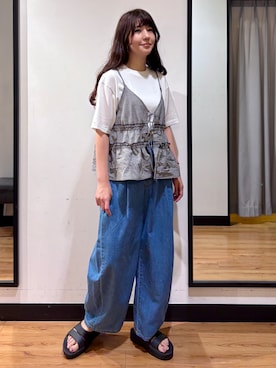 「HANES（ヘインズ）のHANES(ヘインズ)【メンズ】【S〜XLサイズ】SHIRO クルーネック半袖Tシャツ（Tシャツ/カットソー、ホワイト系）」を使った、池元ゆき乃さんの夏コーディネート