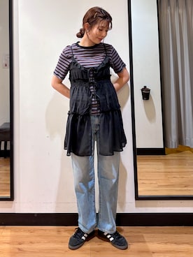 「Right-on（ライトオン）のHONEYSUCKLE ROSE(ハニーサックルローズ)マルチボーダータイトＴシャツ（Tシャツ/カットソー、ブルー系）」を使った、池元ゆき乃さんの夏コーディネート
