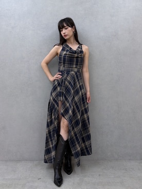 「EVRIS（エヴリス）のドッキングチェックロングワンピース（ワンピース、ブルー系）」を使った、ALYSHIAさん（レディース・167cm）の夏コーディネート