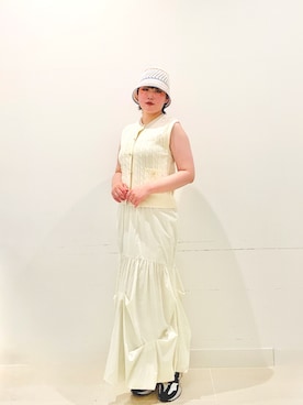 「SMELLY(スメリー)のカラーボーダーサーモハット(ハット、ホワイト系)」を使った、あーちゃんさん(レディース・170cm)の夏コーディネート