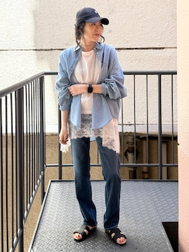 「SOMETHING（サムシング）のSOMETHING(サムシング)【レディース】サマーストレートパンツ(夏用/COOL/涼/抗菌/消臭/制菌)（デニムパンツ、ブルー系）」を使った、MIKAさんの夏コーディネート