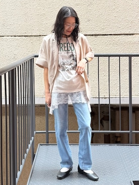 「SOMETHING（サムシング）のSOMETHING(サムシング)【レディース】サマーストレートパンツ(夏用/COOL/涼/抗菌/消臭/制菌)（デニムパンツ、ブルー系）」を使った、MIKAさんの夏コーディネート