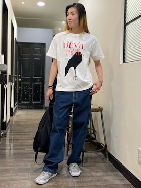 「Right-on（ライトオン）の《Right-on別注》ムービープリントTシャツ（Tシャツ/カットソー、ホワイト系）」を使った、minapoyo1714さん（レディース・171cm）の夏コーディネート