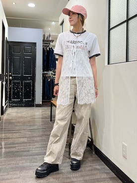 「Right-on（ライトオン）のHONEYSUCKLE ROSE(ハニーサックルローズ)【レディース】ケミカル加工コクーンパンツ/セットアップ対応（その他パンツ、ベージュ系）」を使った、minapoyo1714さん（レディース・171cm）の夏コーディネート