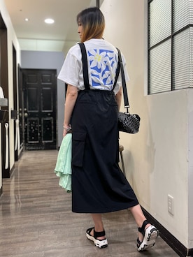 「CAMP7（キャンプセブン）のCAMP7(キャンプ7)フラワープリントショートＴシャツ（Tシャツ/カットソー、ホワイト系）」を使った、minapoyo1714さん（レディース・171cm）の夏コーディネート