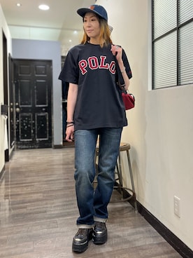 「Right-on（ライトオン）のツイルワッペンロゴTシャツ（Tシャツ/カットソー、ブラック系）」を使った、minapoyo1714さん（レディース・171cm）の夏コーディネート