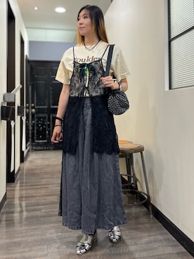 「HONEYSUCKLE ROSE（ハニーサックルローズ）のCAMP7(キャンプ7)プリントTシャツ（Tシャツ/カットソー、ベージュ系）」を使った、minapoyo1714さん（レディース・171cm）の夏コーディネート