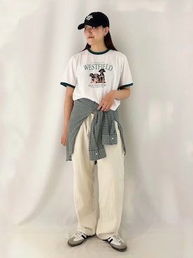 「Right-on（ライトオン）のHONEYSUCKLE ROSE(ハニーサックルローズ)シアーチェックフードシャツ（シャツ/ブラウス、ホワイト系）」を使った、inoueさん（レディース）の夏コーディネート