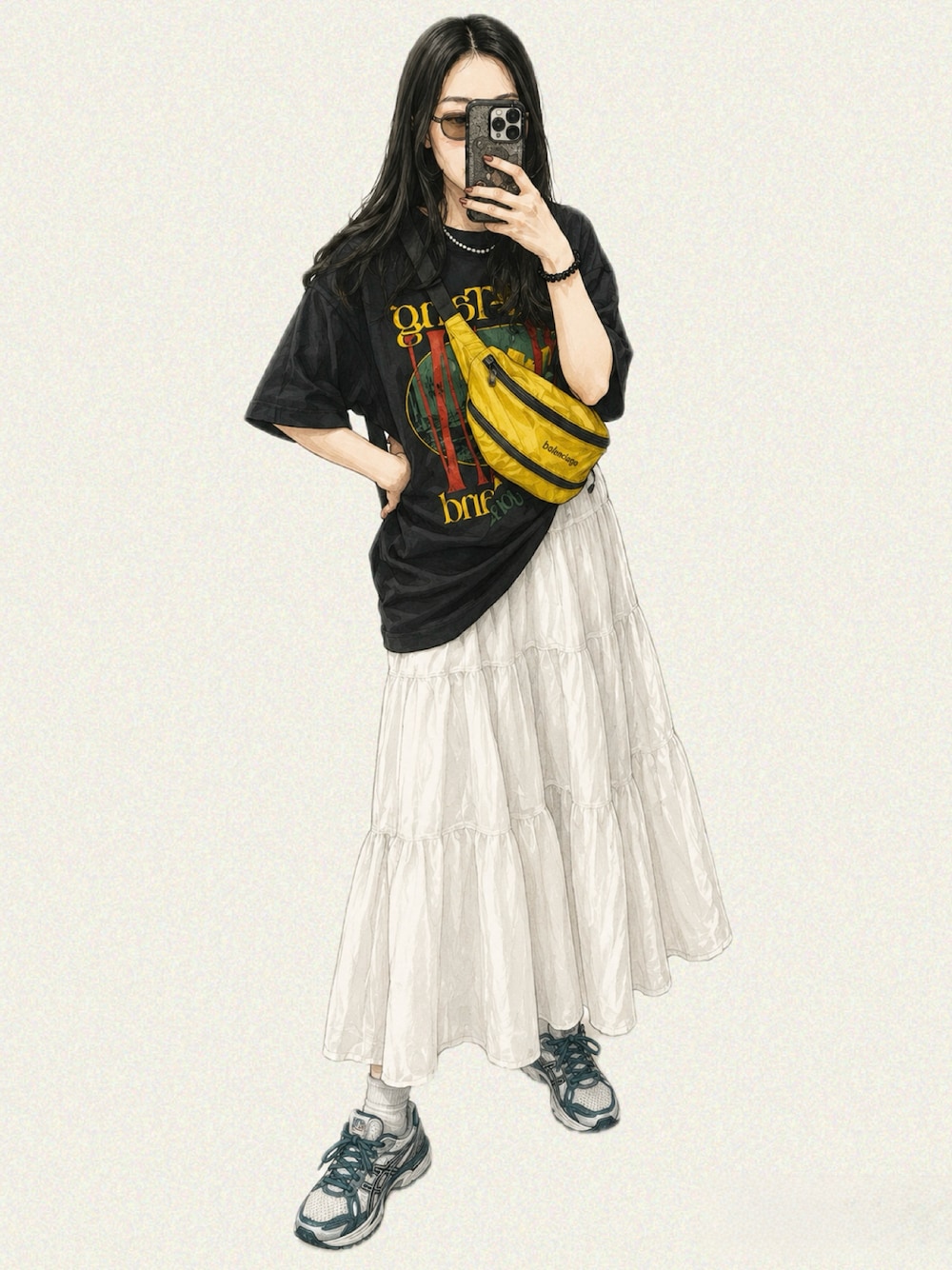 ブラック系のTシャツ/カットソー、ホワイト系のスカート、イエロー系のボディバッグ/ウエストポーチを着用したレディースの夏コーディネートの1枚目の写真
