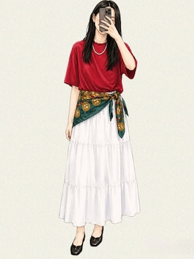 「UNIQLO（ユニクロ）のエアリズムコットンT（Tシャツ/カットソー、レッド系）」を使った、真野さん（レディース・163cm）の夏コーディネート