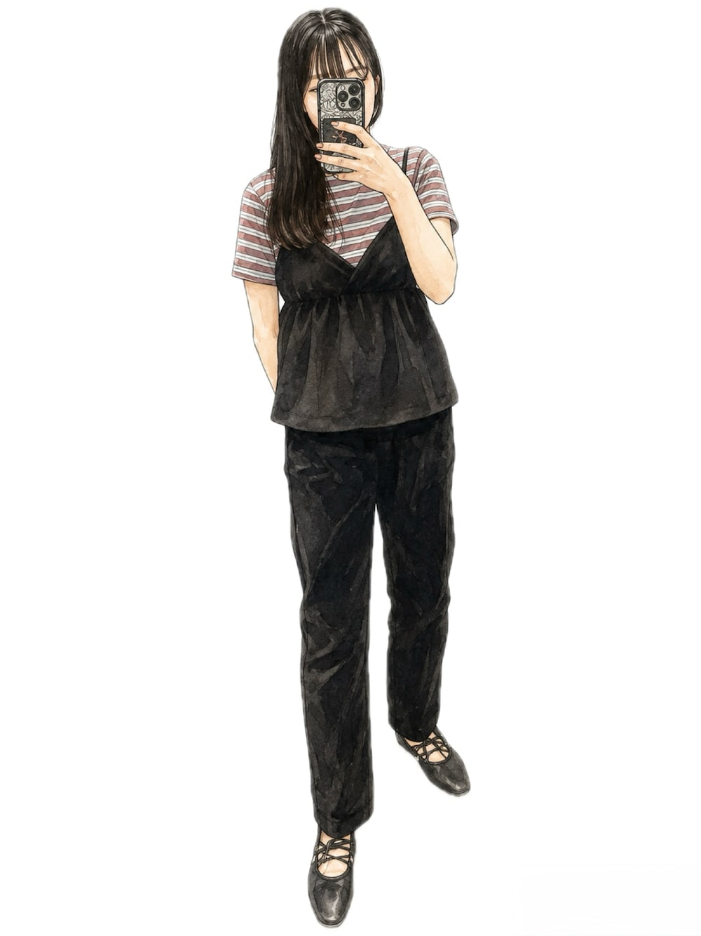 グレー系のTシャツ/カットソー、ブラック系のキャミソール、ブラック系のデニムパンツを着用したレディースの夏コーディネートの1枚目の写真