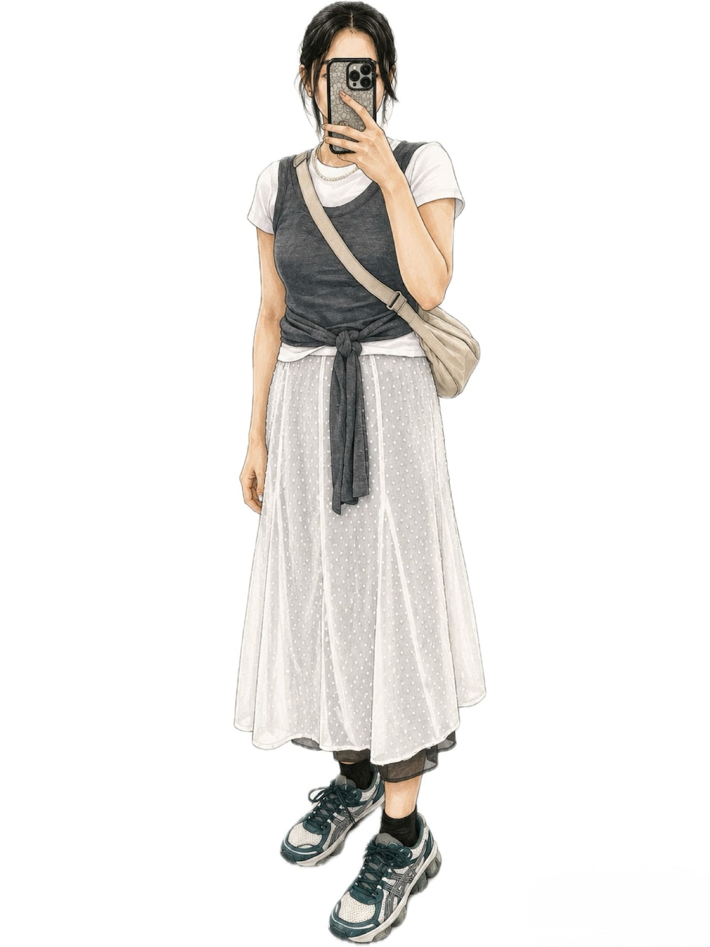 ホワイト系のワンピース/ドレス、グレー系のタンクトップ、ホワイト系のTシャツ/カットソーを着用したレディースの夏コーディネートの1枚目の写真
