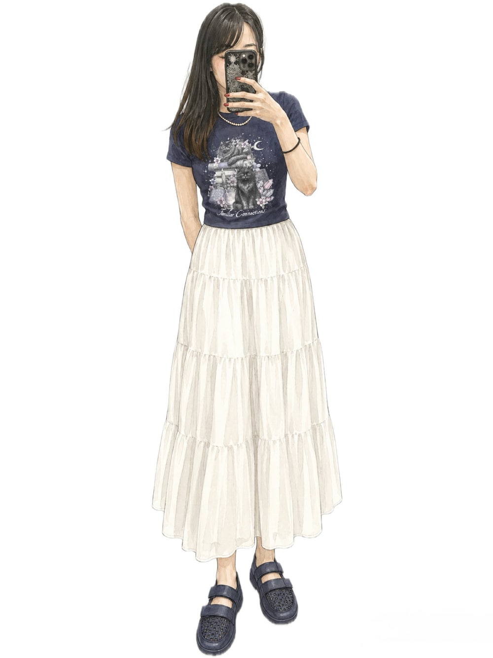 ブルー系のサンダル、ホワイト系のスカート、ブルー系のTシャツ/カットソーを着用したレディースの夏コーディネートの1枚目の写真