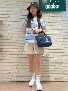 「adabat（アダバット）の【ADABAT NAVY】UVカット ランダムボーダー半袖ポロシャツ（ポロシャツ、ブルー系）」を使った、shihoさん（レディース・159cm）の夏コーディネート