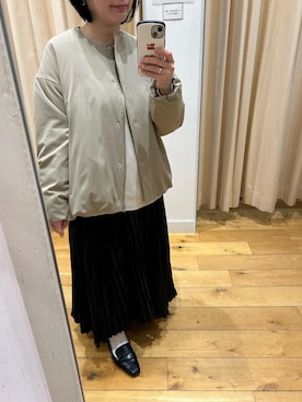 「URBAN RESEARCH DOORS（アーバンリサーチドアーズ）の撥水中綿ノーカラーコート（テーラードジャケット、ベージュ系）」を使った、ふくおかさんさん（レディース・155cm）の春コーディネート