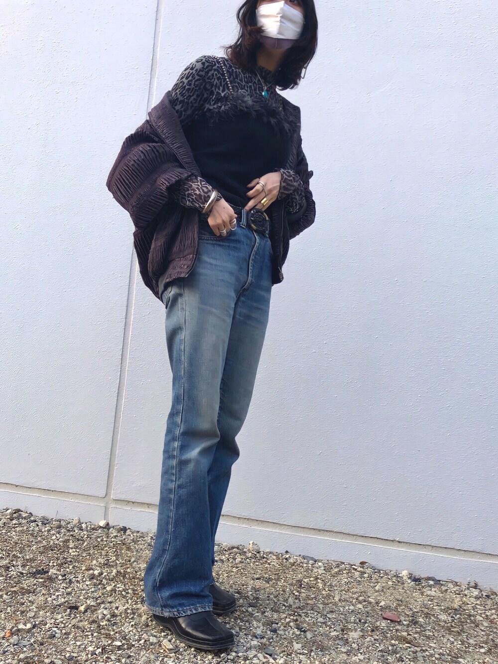 「パンツスタイル、デニムパンツ、レオパード、古着、カジュアル、levi’s、古着コーデ、古着MIX、デニム」｜「Levi'sの517（デニムパンツ、ブルー系）」を使った、nori‎﹋さん（レディース・162cm）の春コーディネートの1枚目の写真
