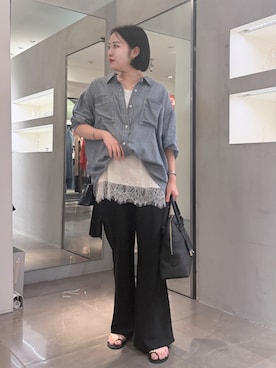 「DouDou（ドゥドゥ）の袖リブシアーデニムシャツ（シャツ/ブラウス、ブルー系）」を使った、yukiさん（レディース・161cm）の夏コーディネート