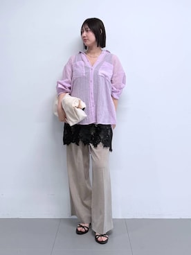 「BARNYARDSTORM（バンヤードストーム）のBARNYARDSTORM / クロスストラップミュール（サンダル、ブラック系）」を使った、byrrinnaさん（レディース）の夏コーディネート