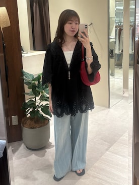「RIVE DROITE（リヴドロワ）の【à Nice】【インド綿/手洗い可】カットワークレースシャツ　(カットワークレース/夏服)（シャツ/ブラウス、ブラック系）」を使った、nahoさん（レディース・161cm）の夏コーディネート