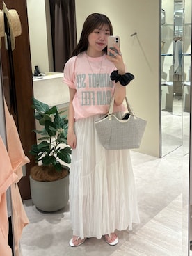 「RIVE DROITE（リヴドロワ）の【A・MONN】【綿100%/洗濯機洗い可】feelロゴTee（Tシャツ/カットソー、ピンク系）」を使った、nahoさん（レディース・161cm）の夏コーディネート