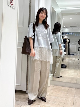 「LOWRYS FARM（ローリーズファーム）のバスケットワイドパンツ 637610（スラックス、ホワイト系）」を使った、riidayooさん（レディース）の春コーディネート