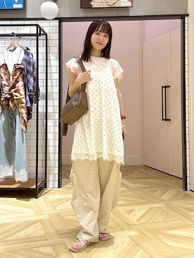 「LOWRYS FARM（ローリーズファーム）の【接触冷感】ベーシックノースリーブ　1043004（Tシャツ/カットソー、ピンク系）」を使った、riidayooさん（レディース）の夏コーディネート