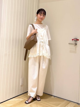 「LOWRYS FARM（ローリーズファーム）のラインストーンプルオーバーＳＳ 1045217（Tシャツ/カットソー、ホワイト系）」を使った、riidayooさん（レディース）の夏コーディネート