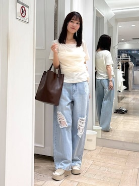 「LOWRYS FARM（ローリーズファーム）のチュールレイヤードＳＳ 1032082（Tシャツ/カットソー、ホワイト系）」を使った、riidayooさん（レディース）の夏コーディネート