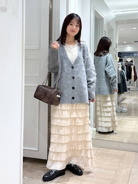 「LOWRYS FARM（ローリーズファーム）のシャギーロングＶカーディガン　595935（カーディガン/ボレロ）」を使った、riidayooさん（レディース・160cm）の秋コーディネート