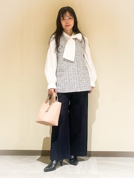 「INDIVI（インディヴィ）の【新作褒められパンツ】快温ワイドパンツ（その他パンツ、ブルー系）」を使った、Kuwa-Pさん（レディース・159cm）の春コーディネート