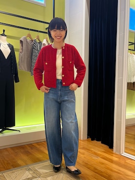「NOLLEY’S（ノーリーズ）の《手洗い可能》フワフワクルーネックジャケット（カーディガン/ボレロ、レッド系）」を使った、osanaiさん（レディース・168cm）の秋コーディネート