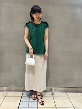 「NOLLEY’S（ノーリーズ）のショルダータックフリルプルオーバーカットソー（Tシャツ/カットソー、グリーン系）」を使った、osanaiさん（レディース・168cm）の夏コーディネート