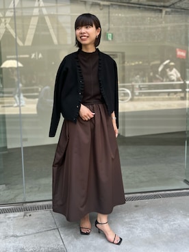 「Rie Miller（リエミラー）の《手洗い可能》フリルカーディガン（カーディガン/ボレロ、ブラック系）」を使った、osanaiさん（レディース・168cm）の夏コーディネート
