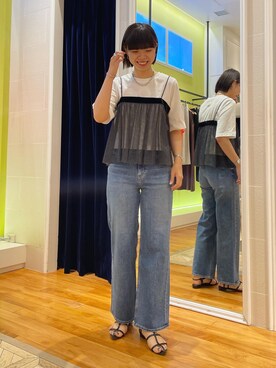 「NOLLEY’S（ノーリーズ）のショート丈プリントロゴTシャツ（Tシャツ/カットソー、ホワイト系）」を使った、osanaiさん（レディース・168cm）の夏コーディネート