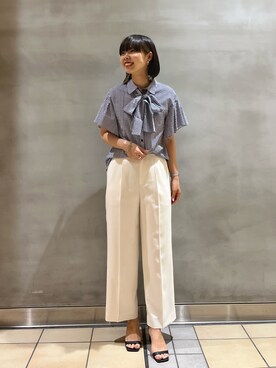 「NOLLEY’S（ノーリーズ）の《セットアップ対応》ウォッシャブル麻調タックワイドパンツ（その他パンツ、ホワイト系）」を使った、osanaiさん（レディース・168cm）の春コーディネート