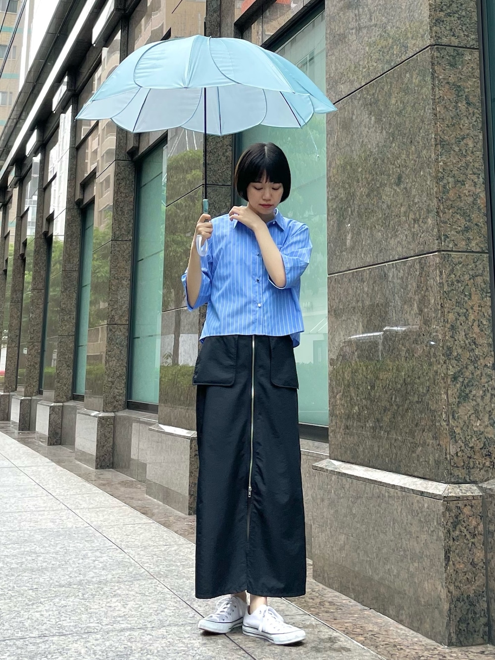 「MILLION CARATSの【STYLE4】ショートシャツジャケット（シャツ/ブラウス、ブルー系）」を使った、tsunoさん（骨格ウェーブ・レディース・160cm）の夏コーディネートの1枚目の写真